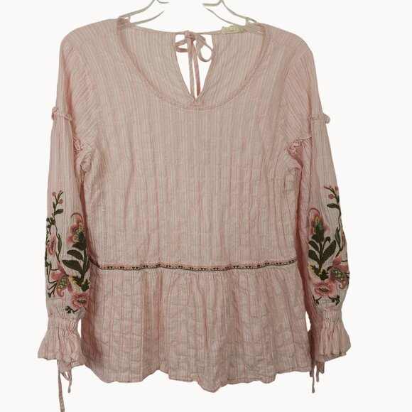 Boho Fairy Cottage Core Sheer Smocked Floral Cotton Tasseled Pink Green Blouse L - Picture 1 of 15
